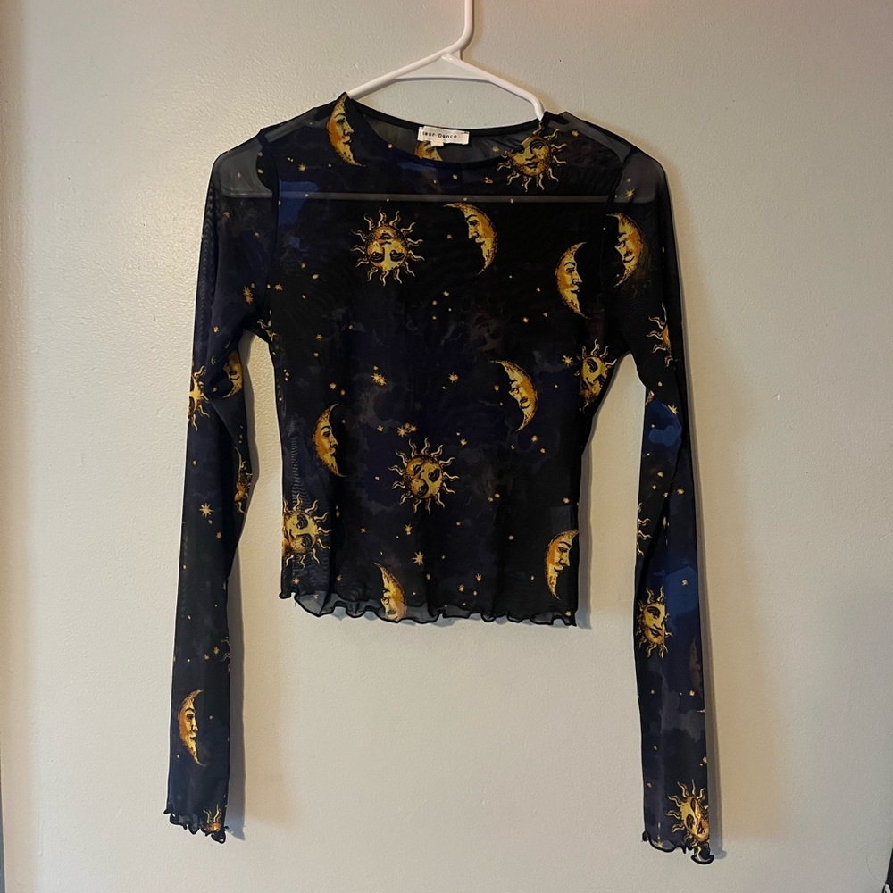 Mesh long sleeve crop top with sun and moon design